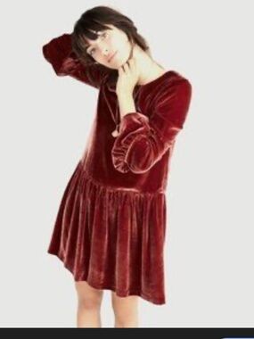 NWT Madewell Velvet Ruffle-Sleeve Tunic Dress with Peplum Skirt in Rust Red